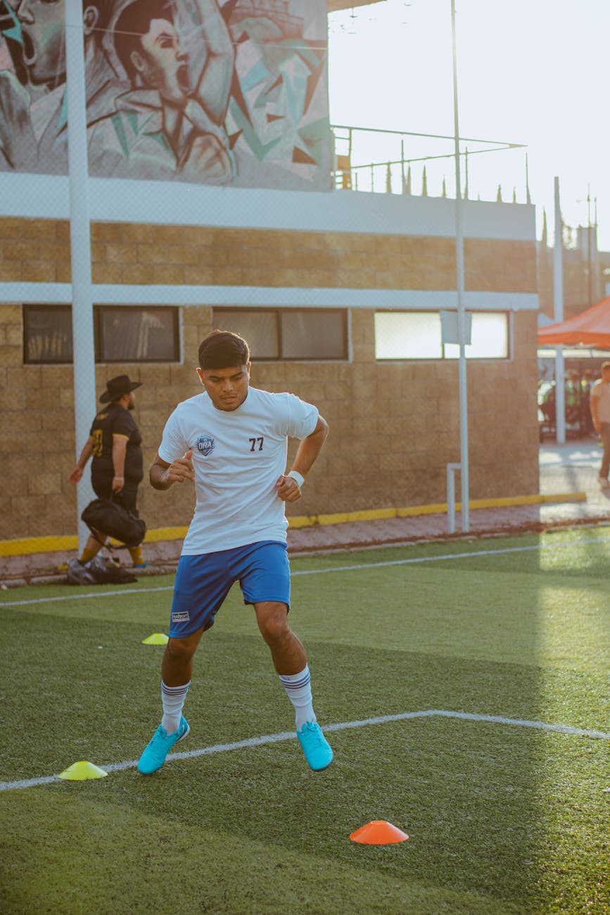 a football player going through his football drills